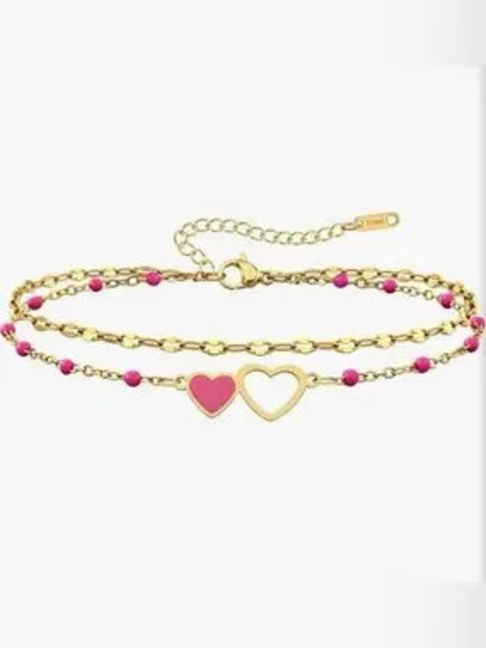 NEW Waterproof 18k Gold Plated Double Heart Pink Ankle Bracelet